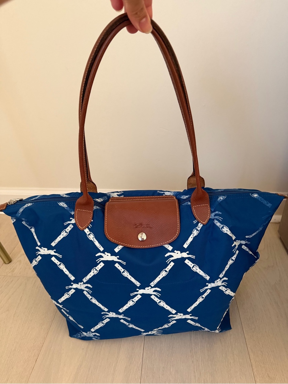 Longchamp Blue Printed Le Pliage Tote with Brown Leather Trim